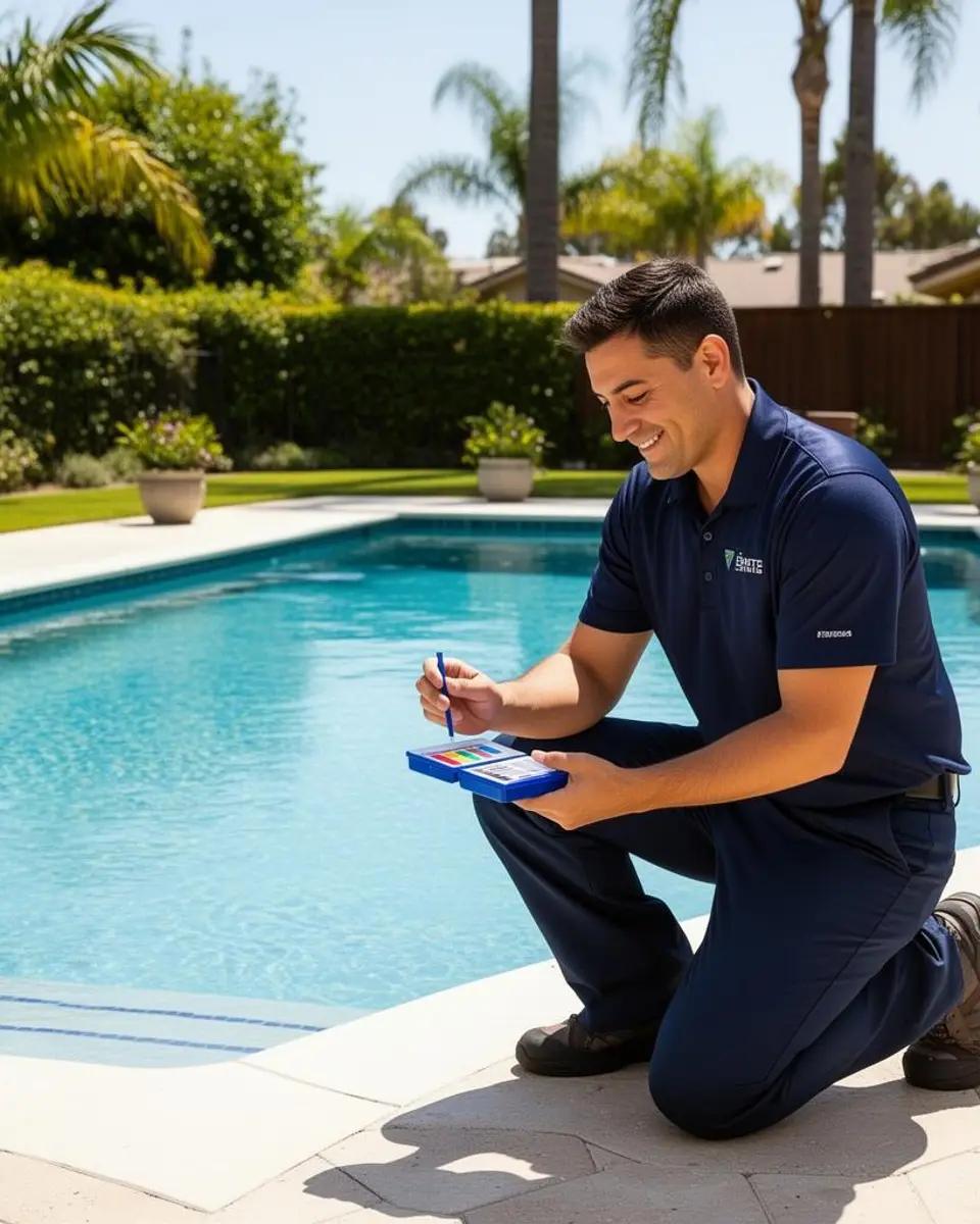 Blue Ripple Pool Care technician testing pool water chemistry